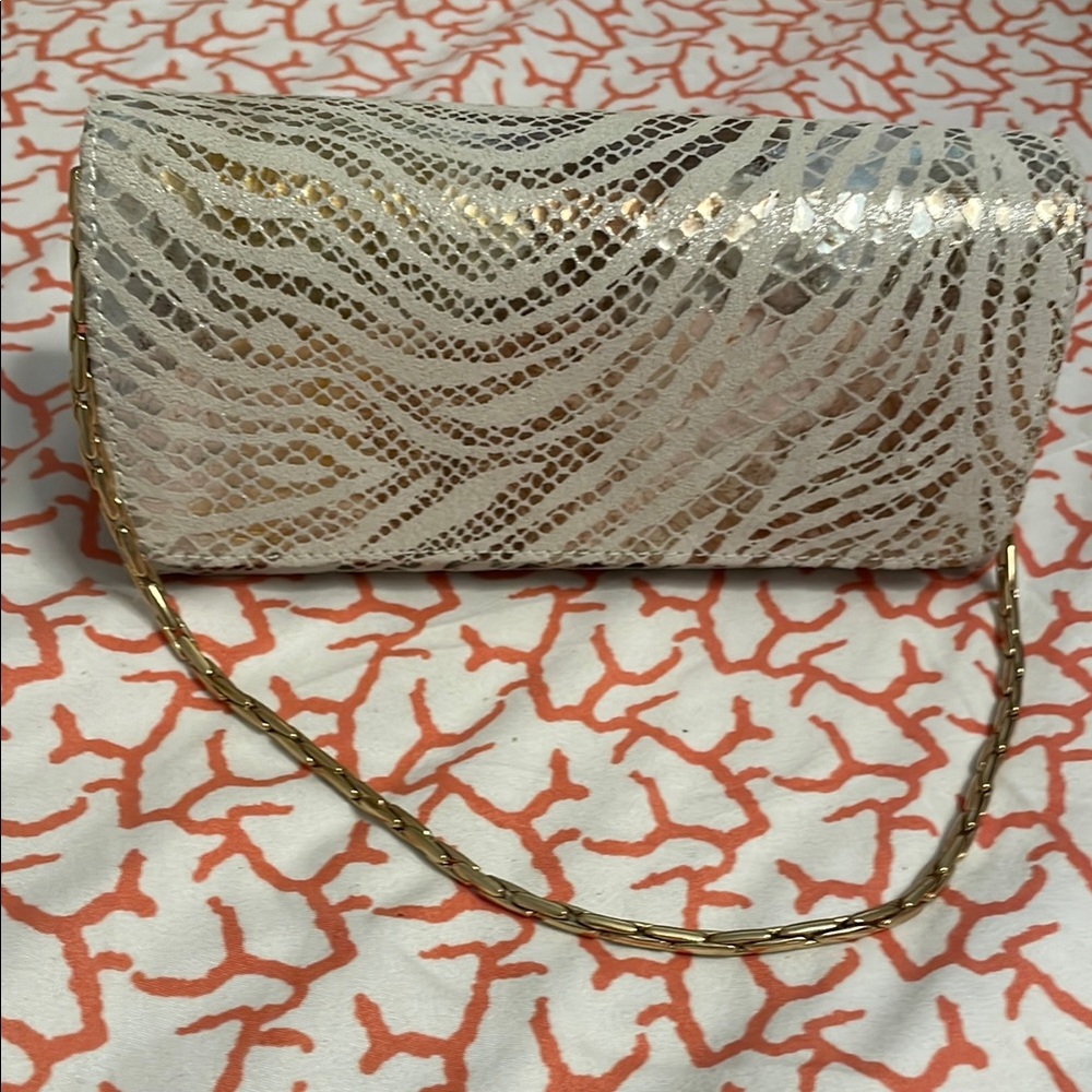 Inge Christopher,Gold and White Textured Clutch with Chain Strap